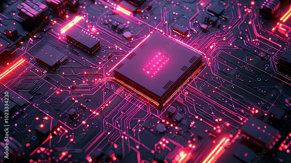 Close-up of a vibrant circuit board with pink lights illuminating intricate electronic pathways and a central processing unit. Close-up of a vibrant circuit board with pink lights illuminating intricate electronic pathways and a central processing unit.
