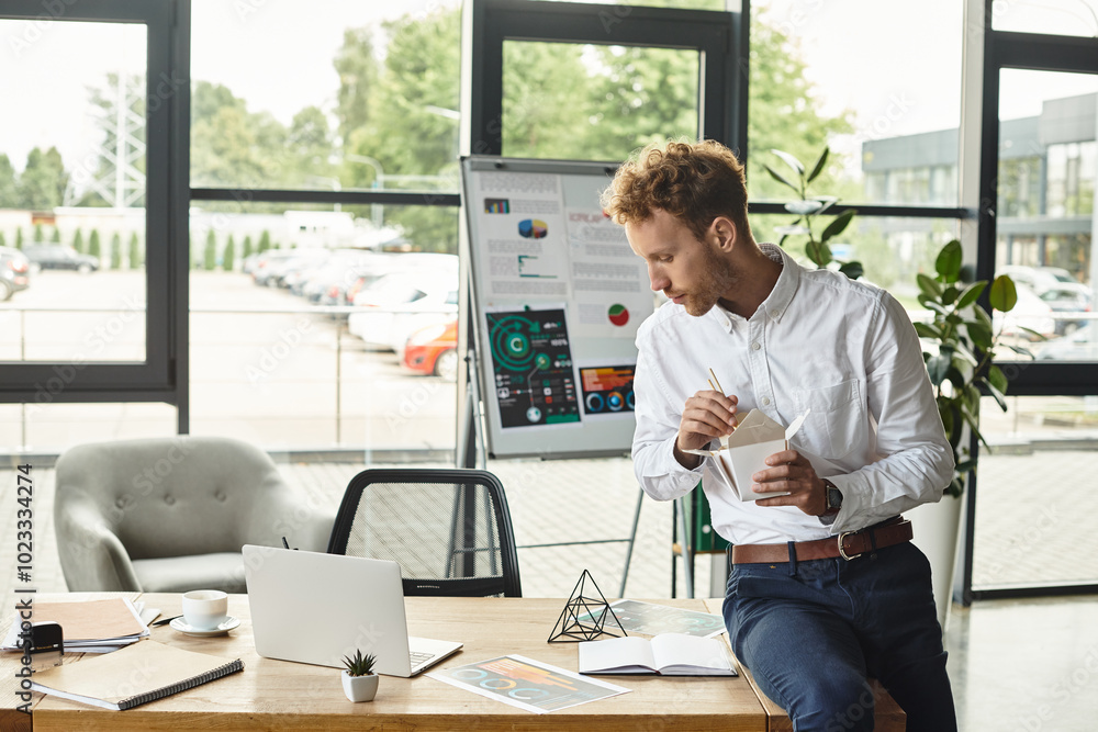 A focused redhead professional in a white shirt develops project strategies in a stylish office space. A focused redhead professional in a white shirt develops project strategies in a stylish office space.
