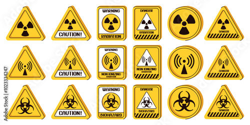 Set of hazard symbols. Group of element of non-ionizing radiation, radiation, biological hazardous. Concept of caution, warning.