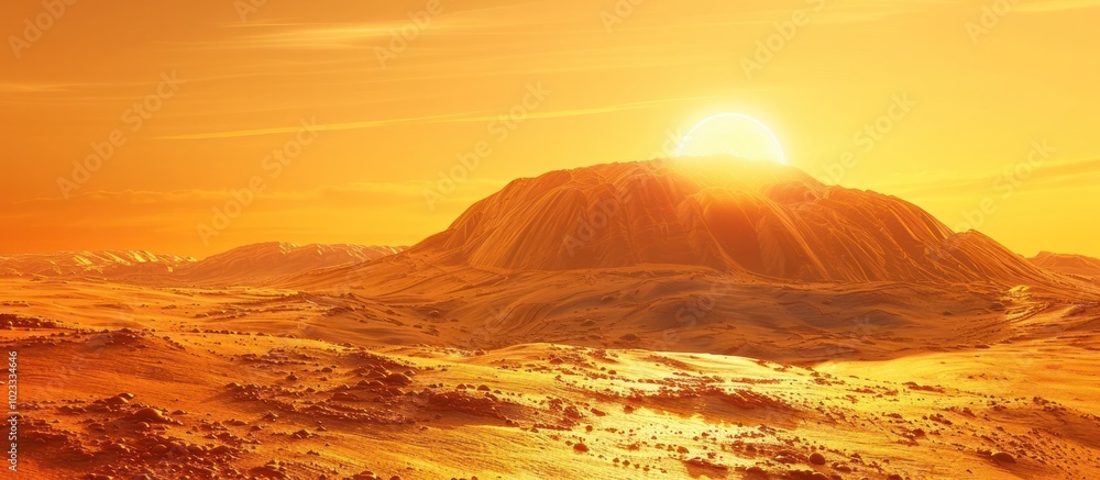 Naklejka premium Striking sunset over a vast arid desert landscape with towering mountains in the distance bathed in a warm golden glow This breathtaking minimalist scene evokes a sense of adventure isolation