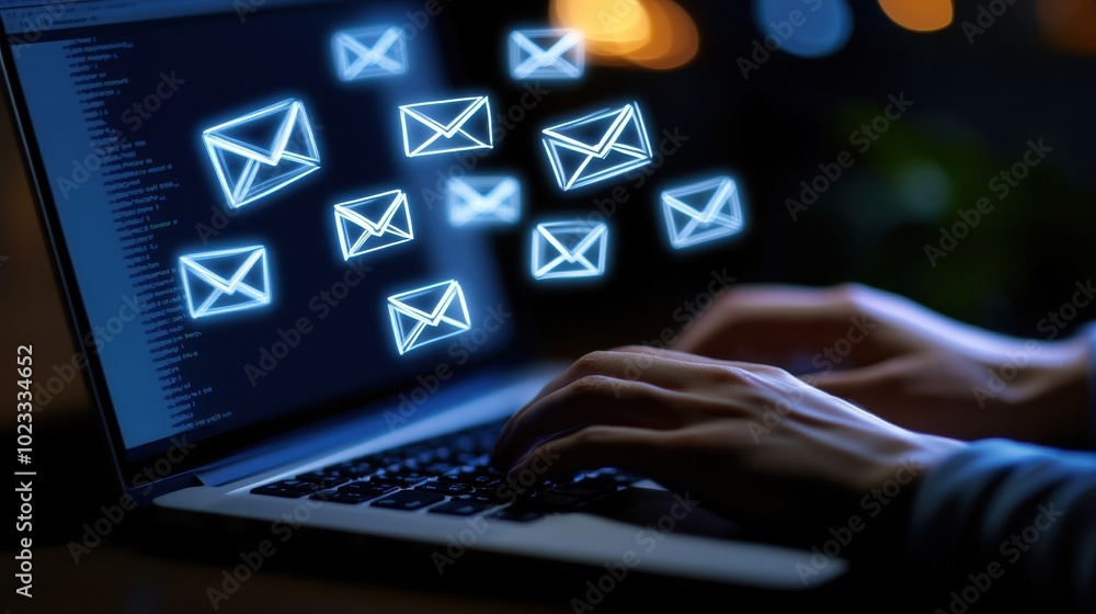 Person Typing on Laptop with Glowing Email Icons Person Typing on Laptop with Glowing Email Icons
