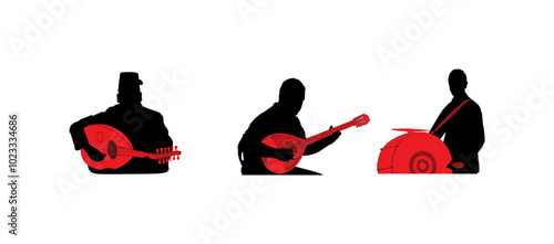 Traditional Greek string instrument bouzouki player trio with oud lute mandola Turkish oriental performer drummer vector silhouette isolated. Musician man artist folklore music. Folk Baglama zurna.