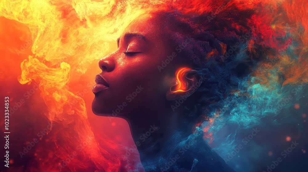 Vibrant Artistic Portrait of Woman with Fiery and Cool Tones in a Surreal Dreamlike Setting Vibrant Artistic Portrait of Woman with Fiery and Cool Tones in a Surreal Dreamlike Setting