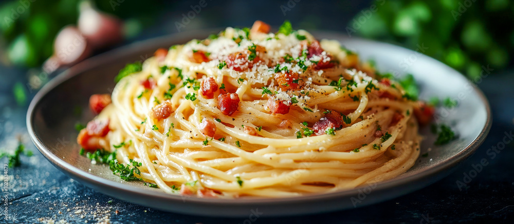 A plate of spaghetti carbonara with bacon and grated cheese garnished with parsley on a dark background A plate of spaghetti carbonara with bacon and grated cheese garnished with parsley on a dark background