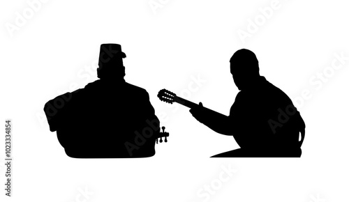 Greek traditional string instrument bouzouki player duet with oud lute mandola Turkish oriental performer vector silhouette isolated. Musician man artist folklore music. Greece folk. Baglama zurna.