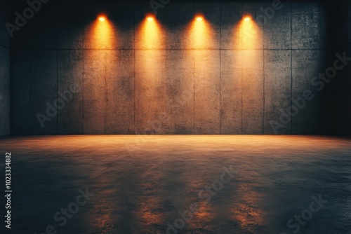 A modern, empty interior space featuring a concrete wall and warm, illuminated lighting. Ideal for graphy or artistic backdrops. photo