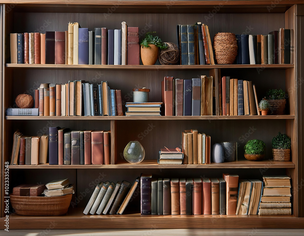 Bookshelves with books and houseplant in vase in and old library. Vintage bookshelves. Bookshelves with books and houseplant in vase in and old library. Vintage bookshelves.