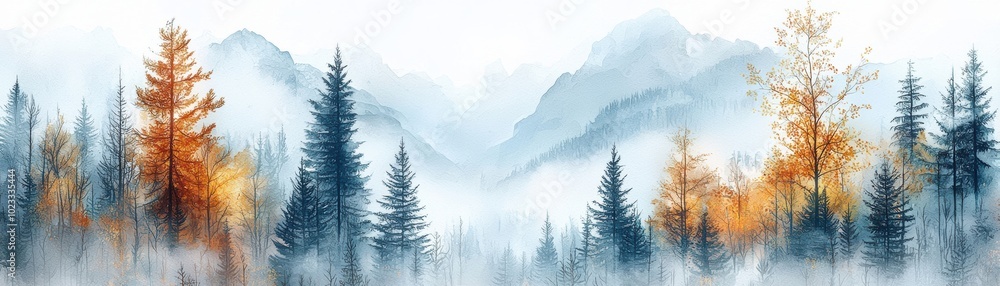 Fototapeta premium A serene misty mountain landscape with evergreen trees and autumn foliage, capturing the tranquility and beauty of nature in vibrant colors.