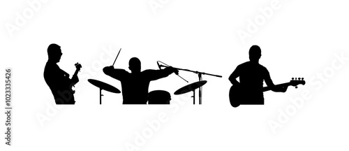Rock and roll band vector silhouette illustration isolated. Musician play bass guitar and drums on stage. Super star music concert show. Drummer and guitarists players shape shadow. Singer artist.