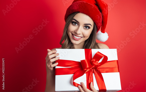 Portrait of a young attractive woman in a red Santa Claus hat with a large box decorated with a red bow with a gift in her hands. Christmas gifts. New Year card