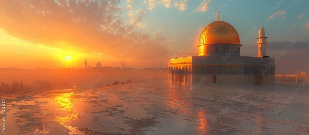 Obraz premium Breathtaking reflection of ornate domed mosque on calm lake surface at vibrant sunset in a picturesque Middle Eastern cityscape