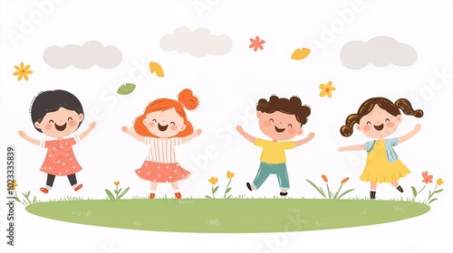 Happy Children Playing Outdoors in a Cartoon Style