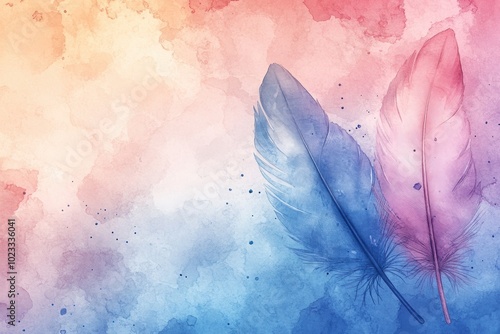 tranquil mental health concept banner with pastel watercolor background and floating feathers for a soothing vibe photo