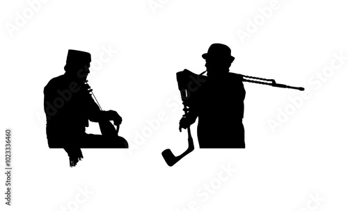 Boy guslar play gusle duet with bagpipe bagpiper man vector silhouette illustration isolated. Traditional music instrument Montenegro Serbia. Balkan singer musician player. Folklore artist shape.