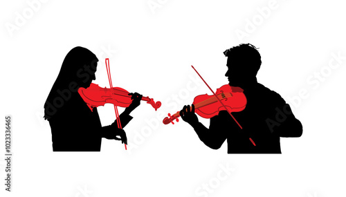 Tandem woman and man duet playing violin vector silhouette illustration isolated. Classic music couple lady and boy duo performer concert. Musician artist. Girl violin virtuoso violinist entertainment