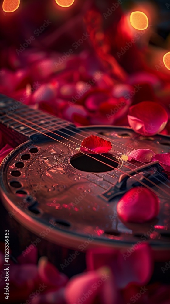 A guitar is surrounded by red rose petals A guitar is surrounded by red rose petals