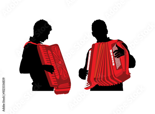 Musician accordion man duo vector silhouette Illustration isolated. Boy music artist event entertainment. Performer amusement public. Jazz man. Accordionist male music instrument harmonica player. 
