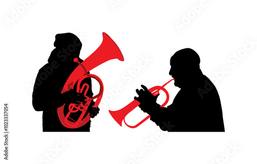 Musician player boy tenor horn duet vs trumpet man vector silhouette illustration isolated. Music duo artist men play wind instrument. Jazz man saxhorn. Bugler performer male trumpeter shape shadow.