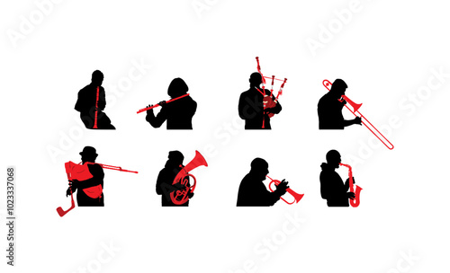 Brass band play vector silhouette. Wind instrument concert jazz event. Music orchestra clarinet, flute, trumpet, bugler, saxophone, trombone, tenor horn, flutist, bagpiper. Musician entertainment