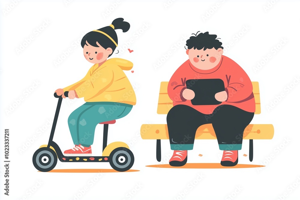 An illustration showing two characters, one sitting with a gadget, the other active, representing contrasting lifestyles for health and wellness themes An illustration showing two characters, one sitting with a gadget, the other active, representing contrasting lifestyles for health and wellness themes