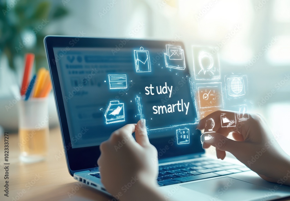 Hands Interacting with Laptop Screen Displaying Study Smartly Concept Hands Interacting with Laptop Screen Displaying Study Smartly Concept