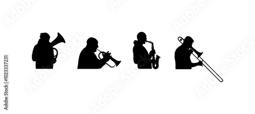 Brass band play vector silhouette isolated. Wind instrument concert jazz event. Music orchestra clarinet, trumpet, bugler, saxophone, trombone, tenor horn. Musician entertainment men band quartet. 