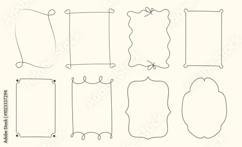 Set of hand drawn funky whimsical borders. Frames, bows, square, oval. Vector collection. Design elements for invitations, weddings, doodles.