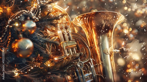 A Christmas tree with a brass instrument on top of it