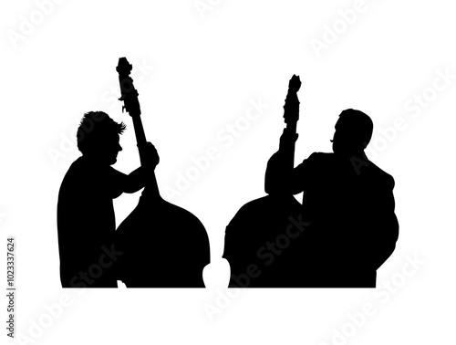 Tandem man playing contrabass duet vector silhouette illustration isolated. Music men contra bass duo concert shape. Double bass performer amusement entertainment. Classic musician string instrument.