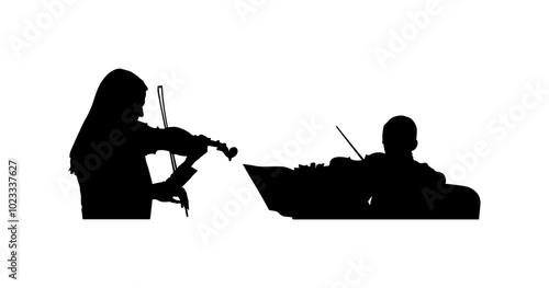 Rock and roll band vector silhouette illustration isolated. Musician play bass guitar and drums on stage. Super star music concert show. Drummer and guitarists players shape shadow. Singer artist.