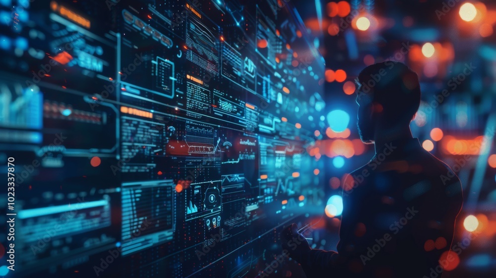 Obraz premium Big data analytics with AI technology. Data analyst analyzing and visualizing complex information network with artificial intelligence. Machine learning algorithm for business analytics and finance.