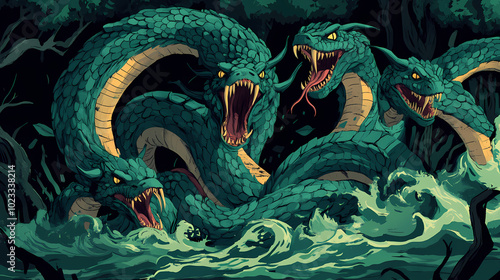 Myth of the hydra multiheaded serpent rising from the swamp ancient greek hero hercules battling the beast dark waters mythological struggle. Hydra Rising. Illustration photo