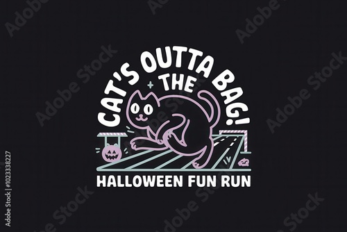 Playful Cartoon Cat Halloween Fun Run Illustration Community Event Marketing - Whimsical Festive Design Pumpkins Dark Background