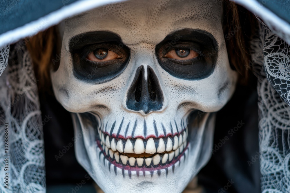 Realistic Skull Dark Hood Lace Halloween Decor - Spooky Gothic Halloween Decorations Parties, Events, Promotional Materials Realistic Skull Dark Hood Lace Halloween Decor - Spooky Gothic Halloween Decorations Parties, Events, Promotional Materials