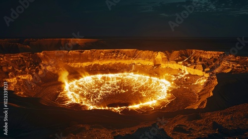 Fiery Volcanic Crater Erupting Molten Lava and Flames in the Darkness of Night