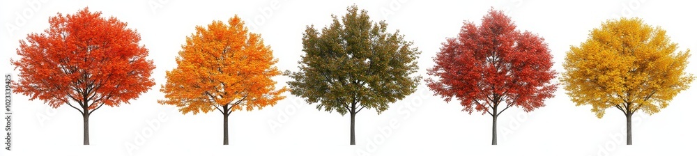 Trees in autumn isolated on a white background Oak maple linden Trees in autumn isolated on a white background Oak maple linden
