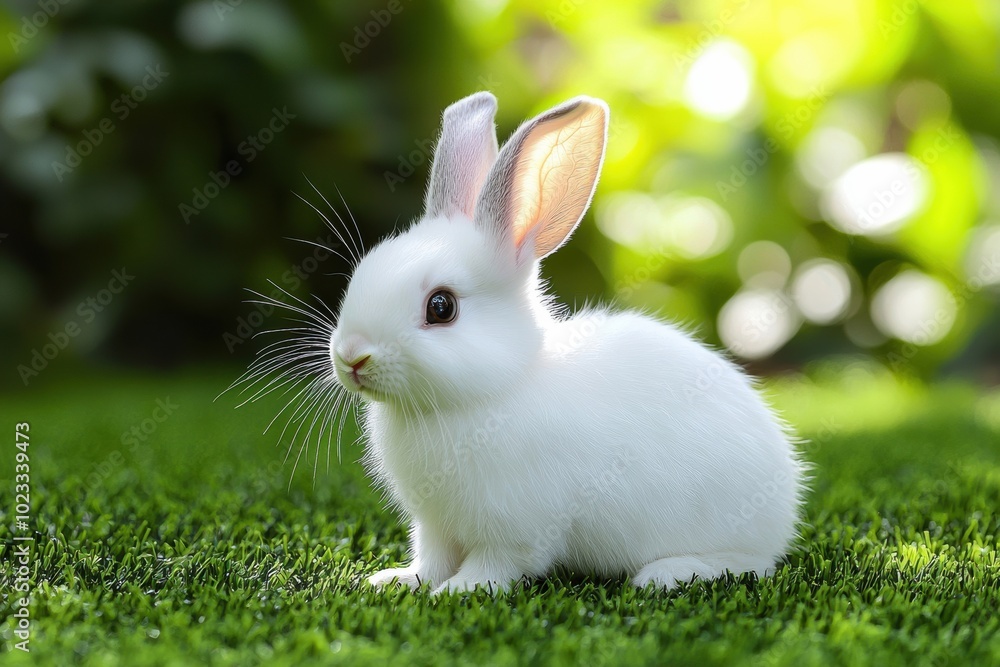 A cute white rabbit sits on vibrant green grass, surrounded by soft sunlight and greenery, showcasing its adorable features and fluffy fur. A cute white rabbit sits on vibrant green grass, surrounded by soft sunlight and greenery, showcasing its adorable features and fluffy fur.