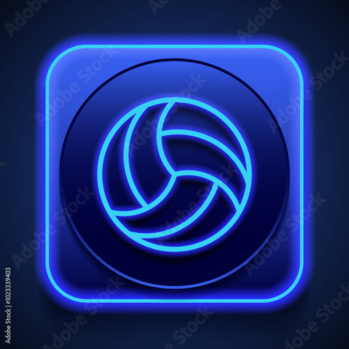 Volleyball simple icon vector. Flat design. Blue neon style on button. With shadow