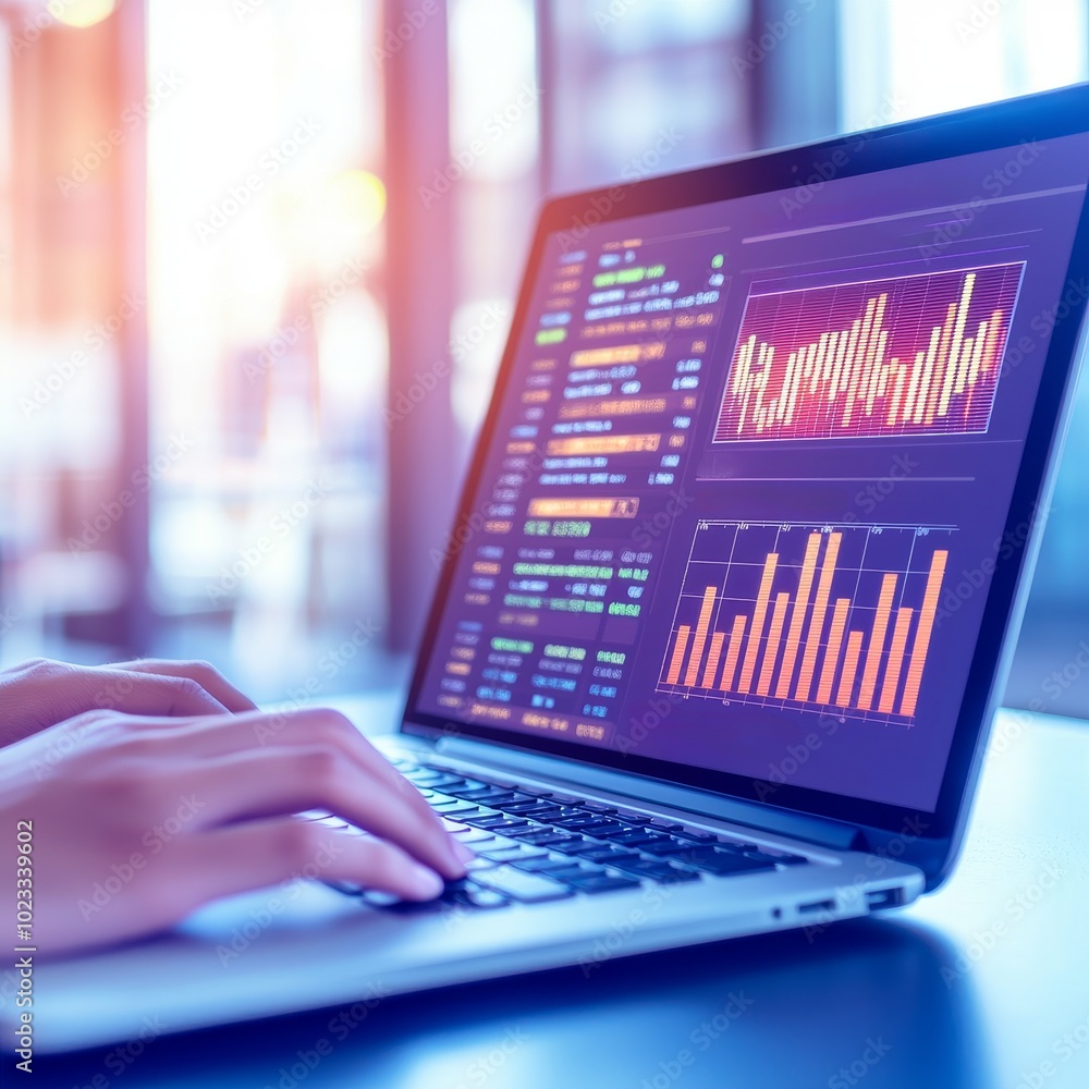 Person using laptop with financial data on screen. Person using laptop with financial data on screen.