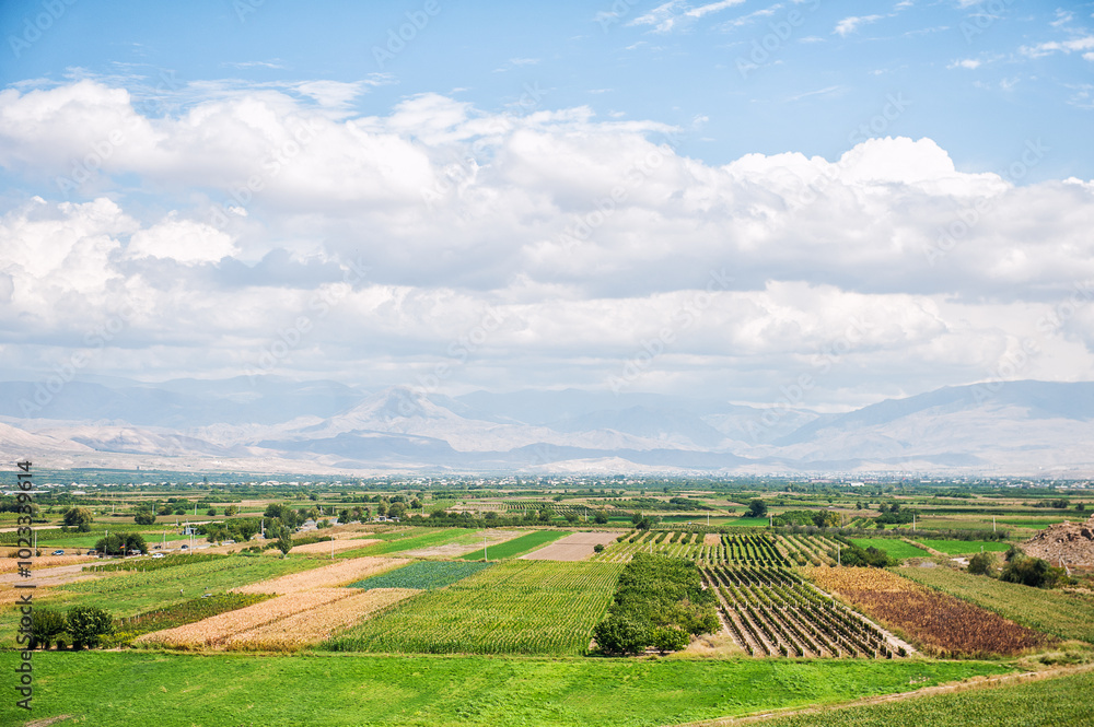 Naklejka premium Vast farmland stretches towards the distant mountains under a scenic sky