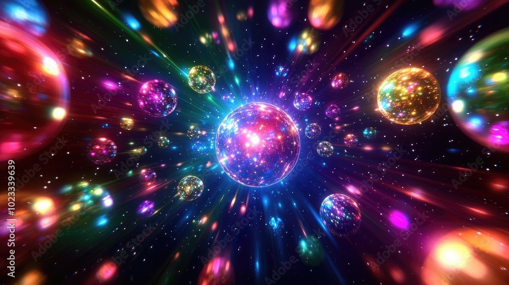 A vibrant explosion of colorful spheres in space, creating a dreamy and mesmerizing cosmic experience of light and energy. A vibrant explosion of colorful spheres in space, creating a dreamy and mesmerizing cosmic experience of light and energy.