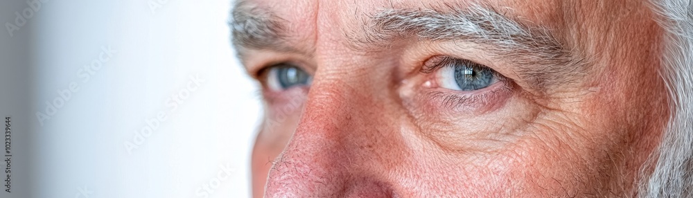 Naklejka premium Close-up shot of an elderly man's face, showcasing fine details of his skin, wrinkles, and striking blue eyes, reflecting wisdom and experience.