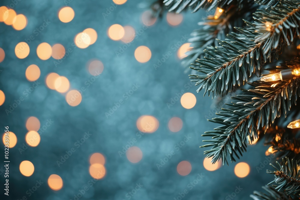A close-up of evergreen branches adorned with twinkling lights against a shimmering blue background, evoking a cozy holiday atmosphere. A close-up of evergreen branches adorned with twinkling lights against a shimmering blue background, evoking a cozy holiday atmosphere.