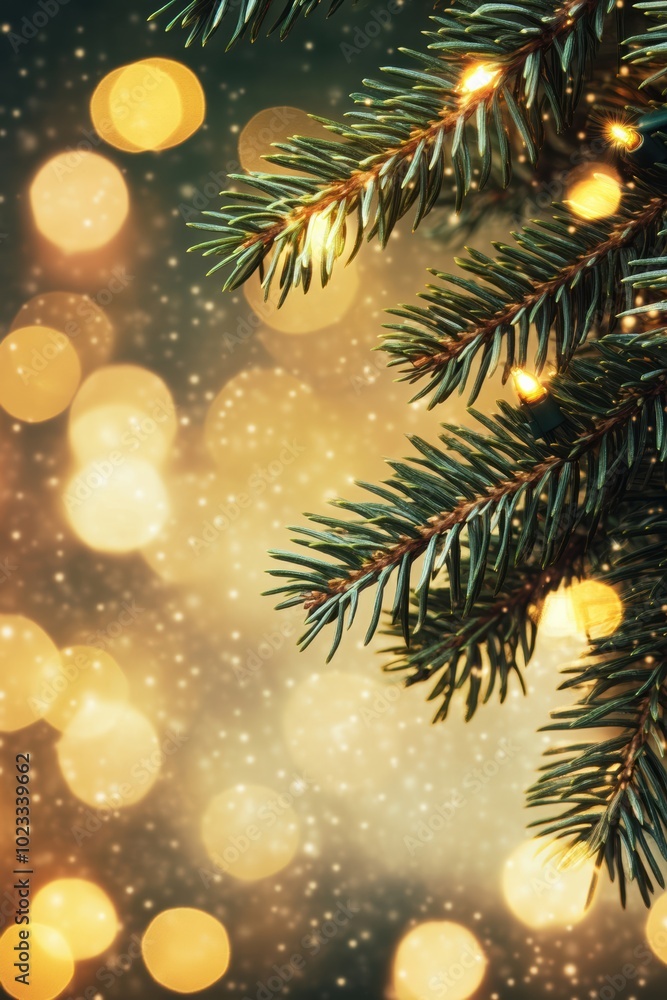 A close-up shot of a Christmas tree branch adorned with twinkling fairy lights against a soft bokeh background, perfect for holiday themes. A close-up shot of a Christmas tree branch adorned with twinkling fairy lights against a soft bokeh background, perfect for holiday themes.