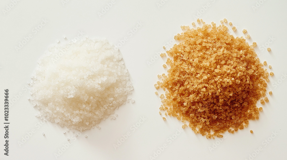 sugar or brown sugar: a close-up, top-down view of granulated sugar and brown sugar in small piles, side by side on a light, neutral background sugar or brown sugar: a close-up, top-down view of granulated sugar and brown sugar in small piles, side by side on a light, neutral background