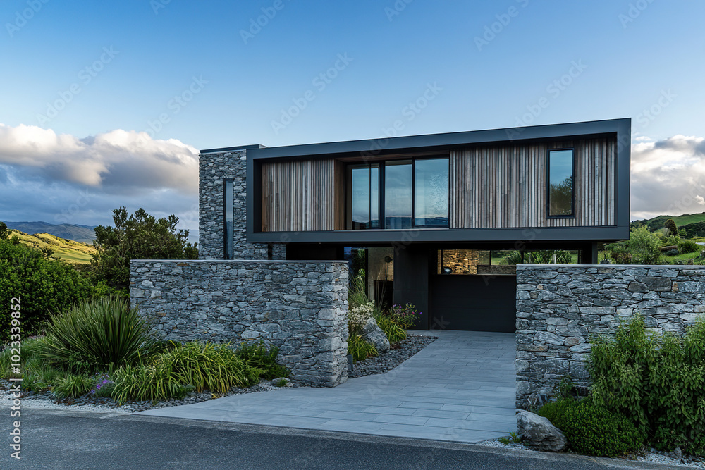 This image showcases a modern house featuring a stunning blend of stone and wood cladding. The contrasting materials create a warm, inviting exterior, while large windows enhance natural light. This image showcases a modern house featuring a stunning blend of stone and wood cladding. The contrasting materials create a warm, inviting exterior, while large windows enhance natural light.