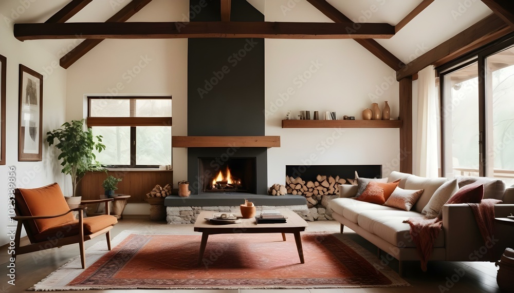 a Scandinavian home interior featuring minimalist furniture in natural wood tones, large windows allowing ample daylight, a cozy seating area with a light grey sofa, a textured white rug on a wooden f a Scandinavian home interior featuring minimalist furniture in natural wood tones, large windows allowing ample daylight, a cozy seating area with a light grey sofa, a textured white rug on a wooden f
