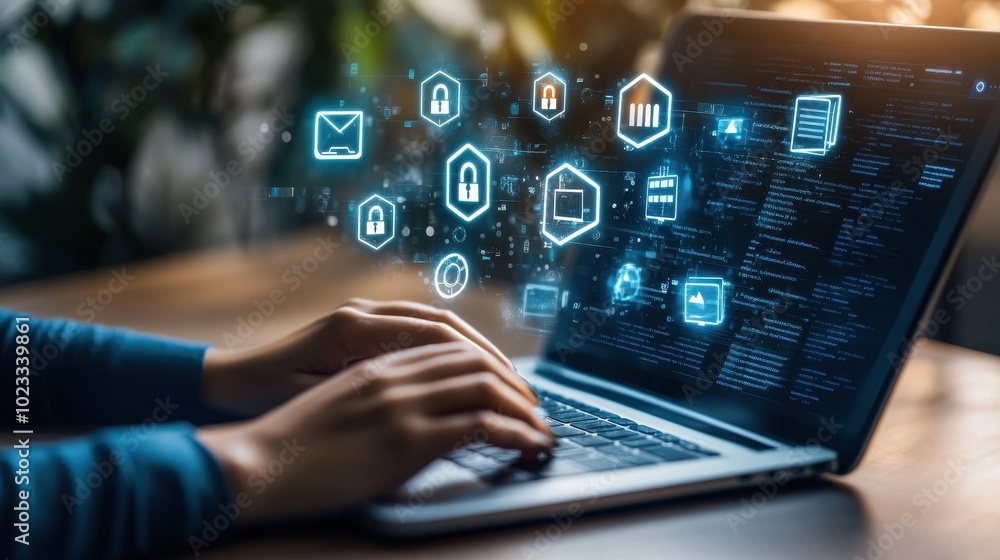 Person Typing on Laptop with Digital Security Icons Person Typing on Laptop with Digital Security Icons