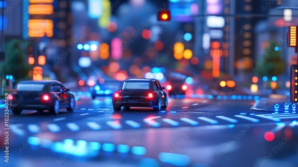 A vibrant city scene at night featuring miniature cars and illuminated buildings. A vibrant city scene at night featuring miniature cars and illuminated buildings.