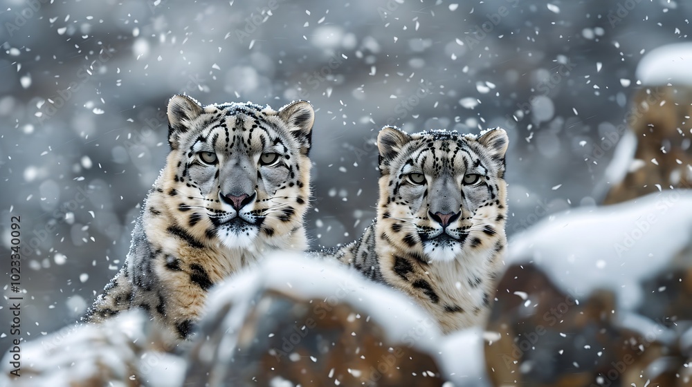 Fototapeta premium Majestic Snow Leopard Blending into Snowy Rocky Habitat with Focused Eyes